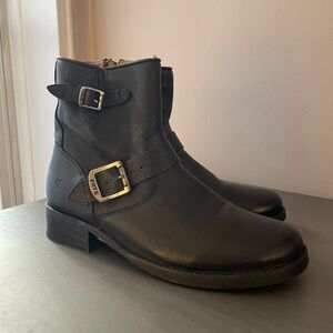 Frye Black Leather Buckle Ankle Booties
